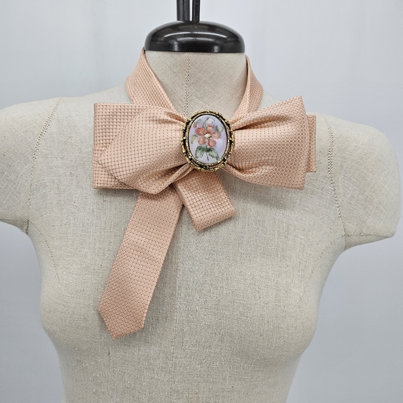 Upcycled Peach Necktie Brooch Necklace
